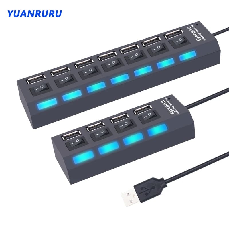 Multi USB Splitter airies avec commutateur pour PC, adaptateur USB 2.0, 7 ports, extenseur multiple, 2.0