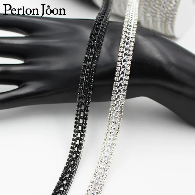Combinaison de chaîne en strass noir et blanc 1 yard, ceinture combinée pour repasser sur vêtements, sacs et chaussures, accessoires de décoration TR151