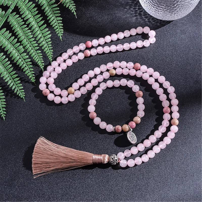 Ensemble de colliers en perles de quartz rose rhodolite naturel de 8 mm, bijoux spirituels pour la méditation et le yoga, chapelet Japa Mala de 108 perles avec pendentif OM