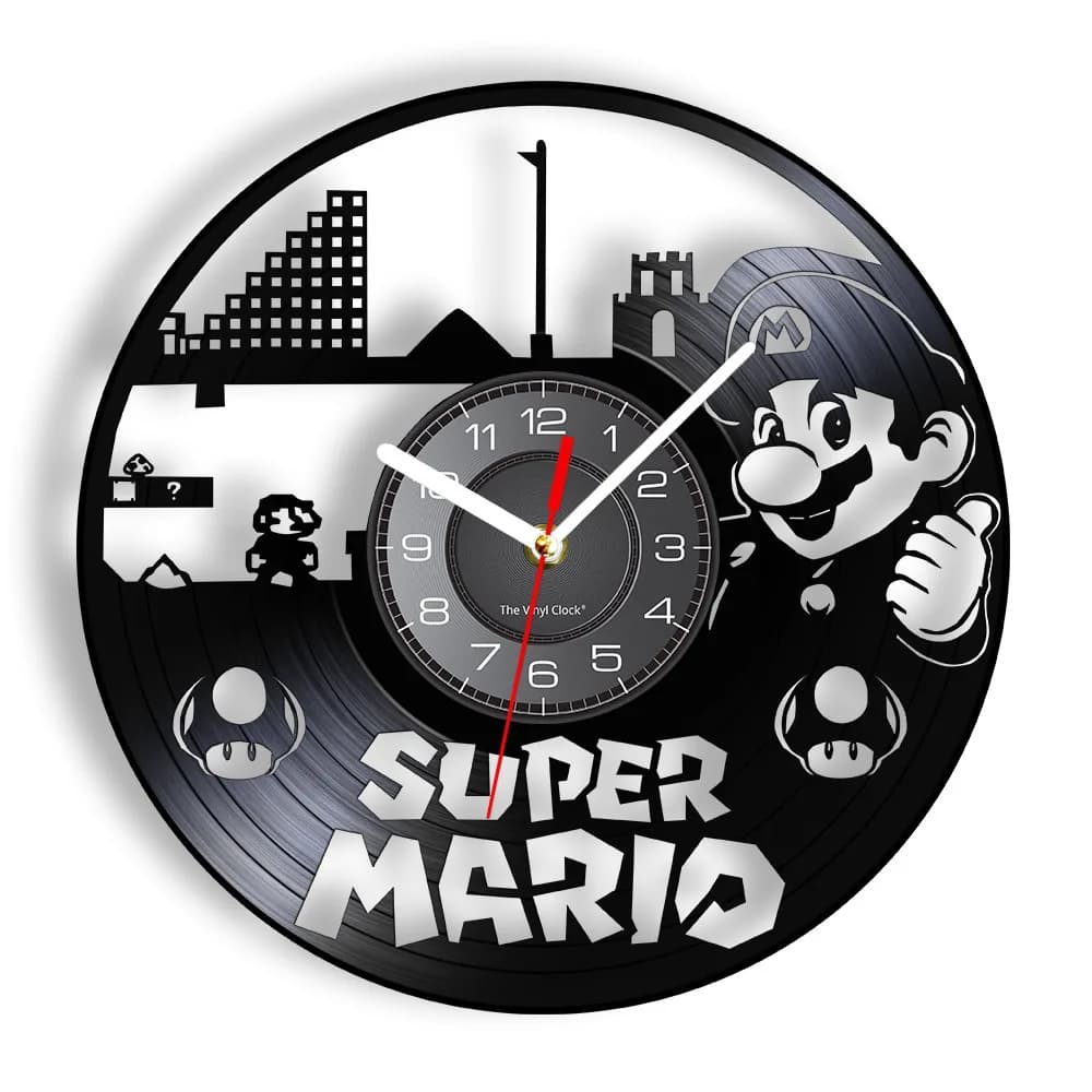 Rétro champignon jeu vidéo Vintage vinyle disque horloge murale pour chambre d'enfants jeu d'arcade re-usage Album enregistrement horloge murale