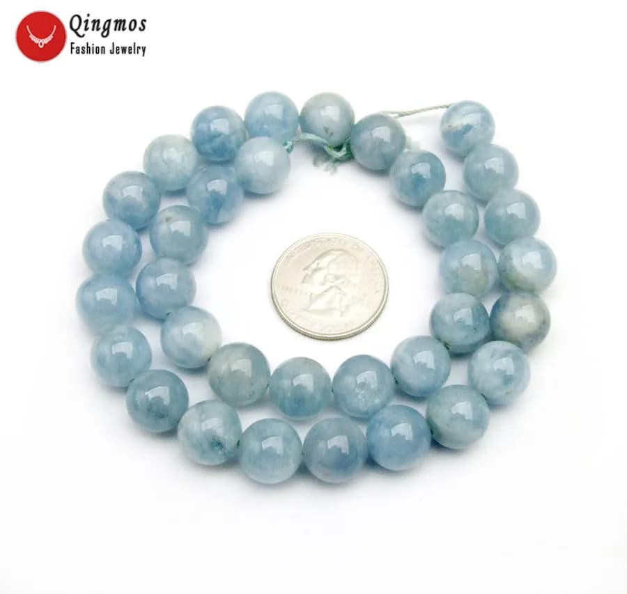 Qingmos – perles rondes naturelles bleues aigue-marine 9-10mm, pierres précieuses amples pour la fabrication de bijoux, collier, Bracelet, boucle d'oreille, DIY brin 15"