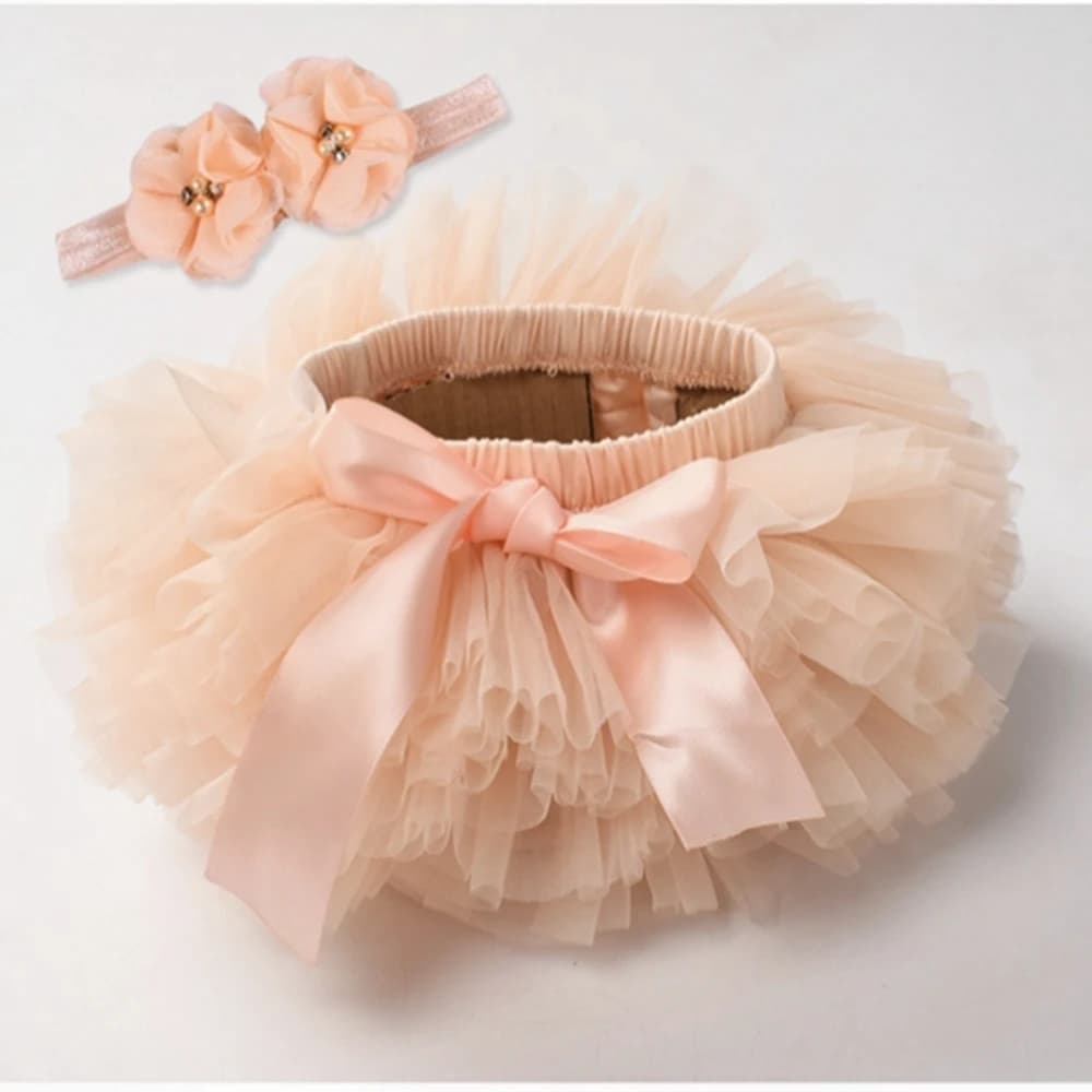 Jupe tutu pour bébé fille, 2 pièces, bouffante en tulle et dentelle, couvre-couche, tenues pour nouveau-né, bandeau Mauv, ensemble de fleurs, bloomer en maille pour bébé