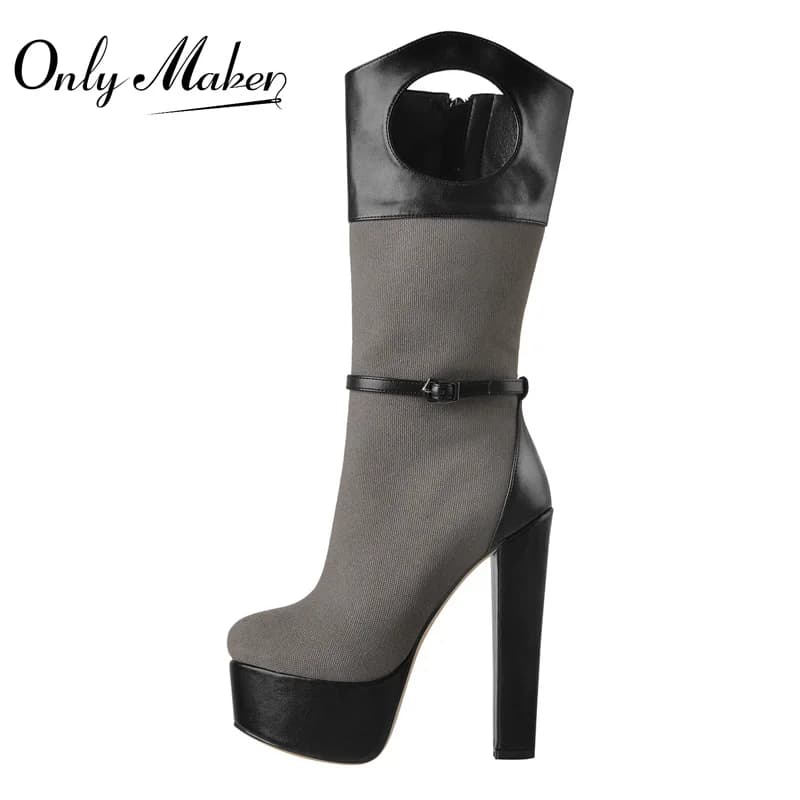 Onlymaker hiver mi-mollet bottes plate-forme mat noir PU Patchwork maille talons ronds découpe confortable chaussures à glissière