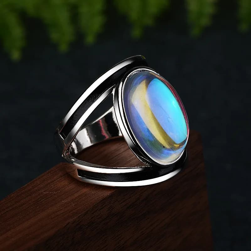 Buyee-Grande bague en argent regardé 925 avec pierre de lune synthétique pour femme, bague narclaire, cercle de bijoux fins, rock punk, mode