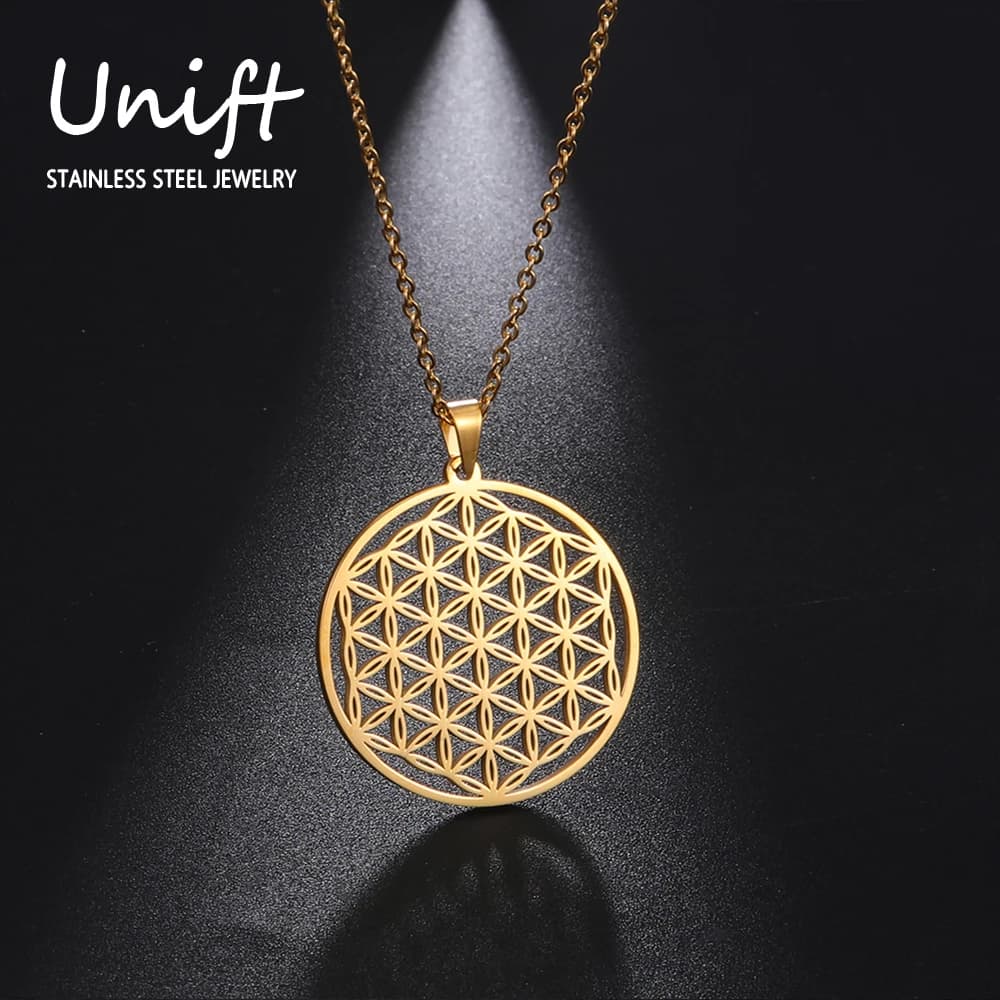 Collier Mandala Fleur de Vie en Acier Inoxydable, Bijou Spirituel Universel Vintage pour Femmes et Hommes