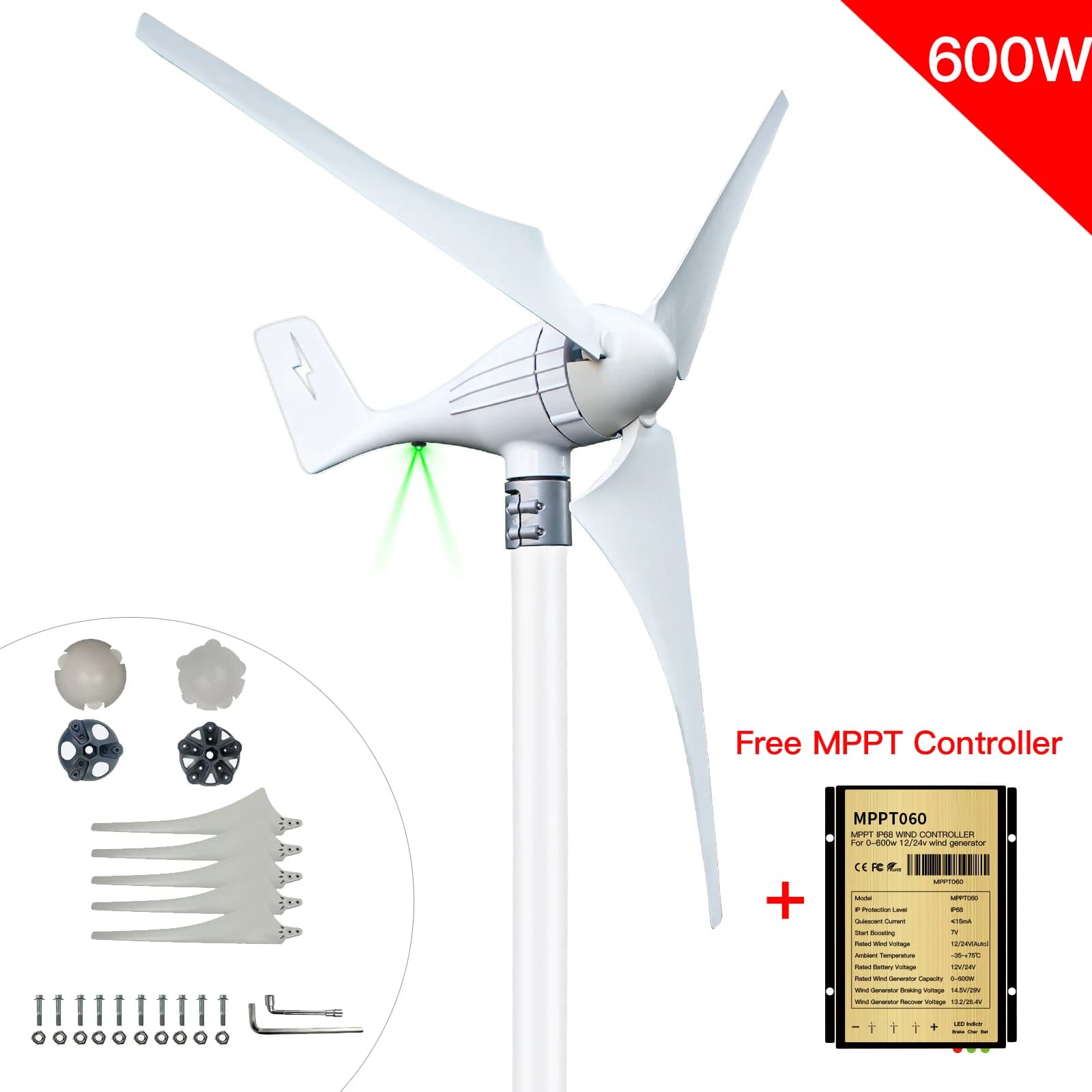 Turbine éolienne 600W 12V 24V, générateur 3 ou 5 pales 12 M/S, moulin à vent à basse vitesse, indicateur lumineux LED avec contrôleur de Charge MPPT gratuit