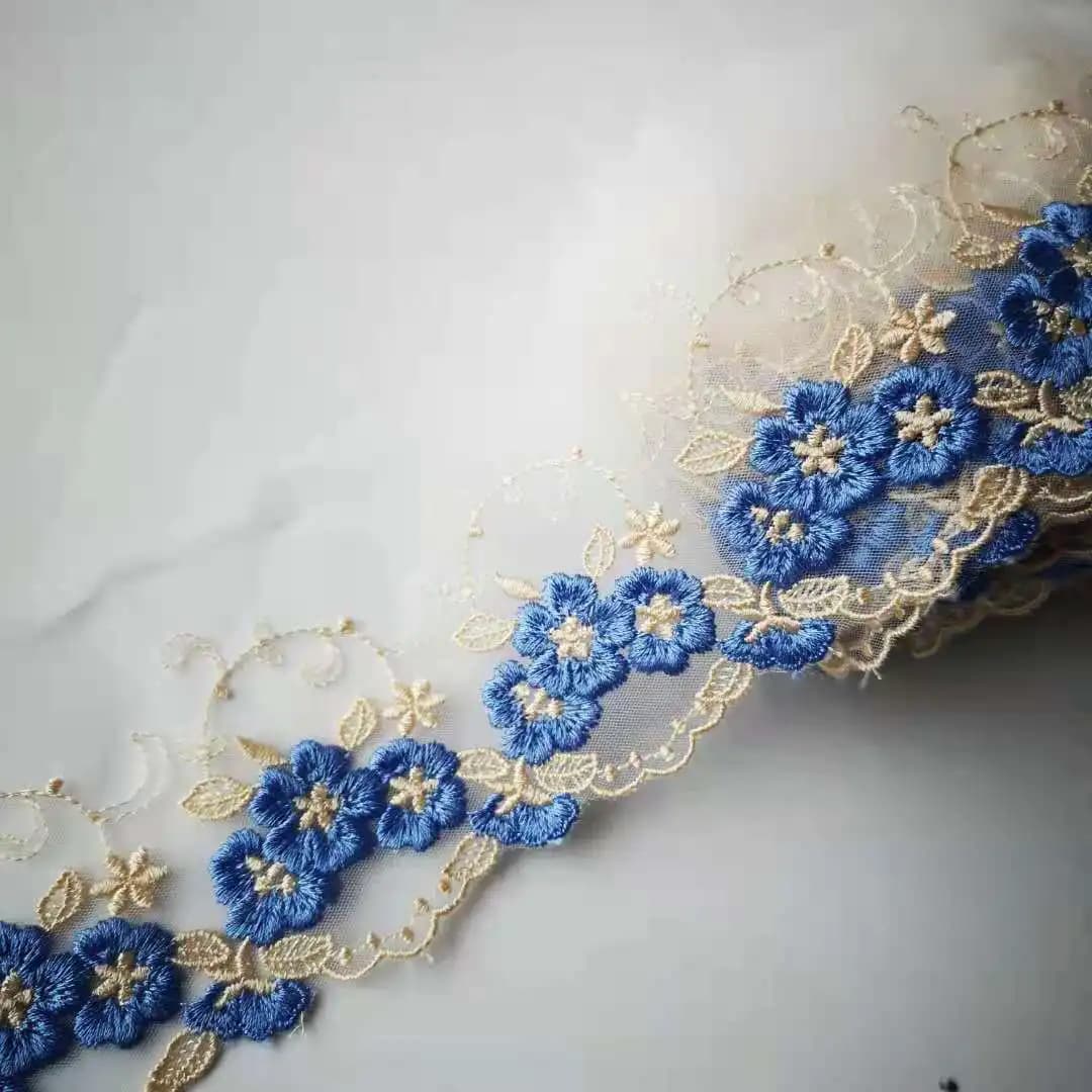 Tissu de dentelle brodée de fleurs de saphir, rubans de garniture de dentelle de peau, bricolage, couture, matériaux faits à la main, rose, bleu, or, 2 verges, 8cm de large