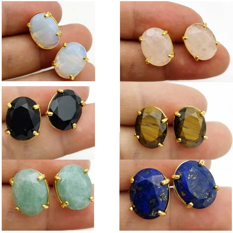 Boucles d'oreilles ovales couleur argent, pierre naturelle facetée, quartz rose, œil de tigre, lapis-lazuli, bijoux de guérison pour femme
