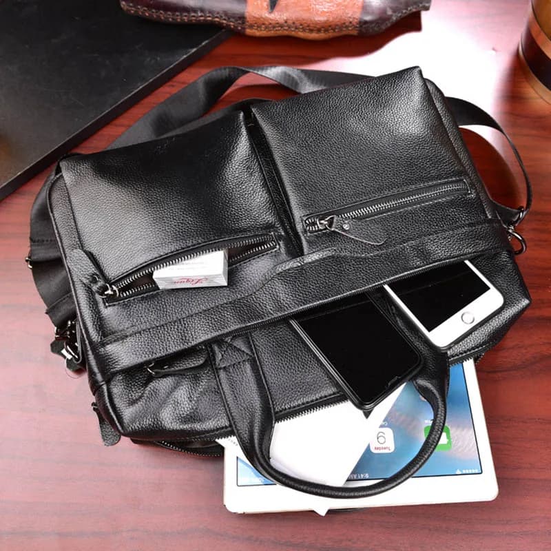 Luufan – mallette d'affaires en cuir véritable pour hommes, sac à main pour fichier A4, sac pour ordinateur portable en cuir de vache souple de 14 pouces, sacoche noire