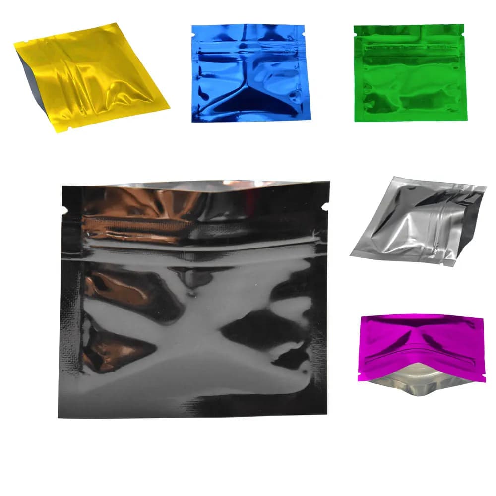 Sac en aluminium coloré brillant à fermeture éclair, 100 pièces, encoche à déchirer, fermeture auto-agrippante, pocommuniste d'emballage de stockage de café moulu alimentaire