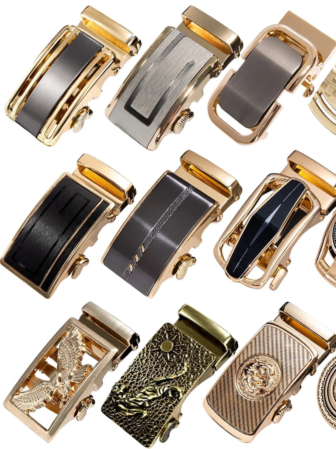 60 sortes de boucles de ceinture en métal pour hommes, boucle coulissante sans ceinture, noir, or, bleu, pour ceintures à cliquet de 3.5 cm uniquement