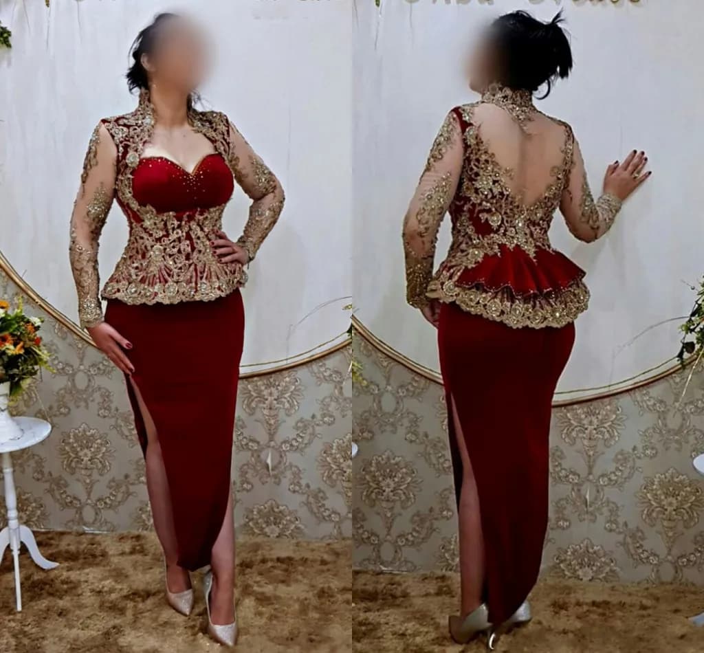Robe de soirée bordeaux Aso Ebi avec appliques, peplum et dentelle dorée, robe de Rhà manches longues, Karakou Algérie