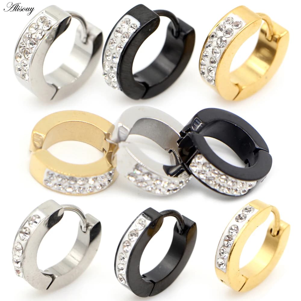 Alisouy 2 pièces boucles d'oreilles rondes en cristal Zircon pour femmes et hommes, bijoux en acier inoxydable, manchette d'oreille Brincos Huggie