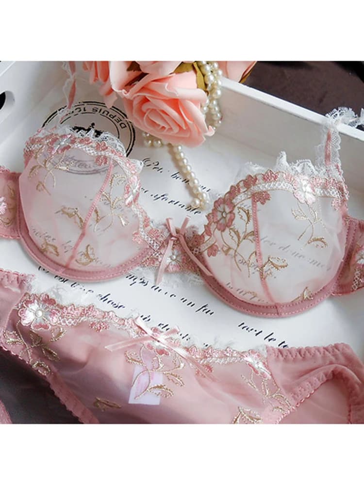 Logirlve Ensemble de lingerie sexy en dentelle transparente ultra-fine rose lotus avec broderie exquise pour femmes