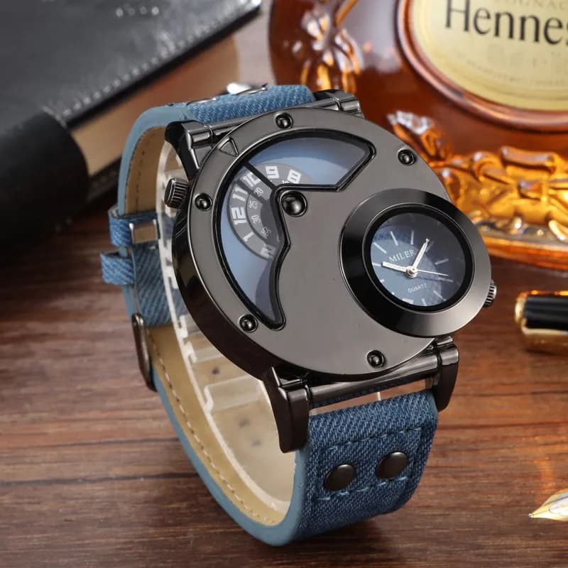 Montres de sport bleues pour hommes, 2 fuseaux horaires, toile bleue, bracelet en cuir, montres-bracelets à quartz, mode, 2021
