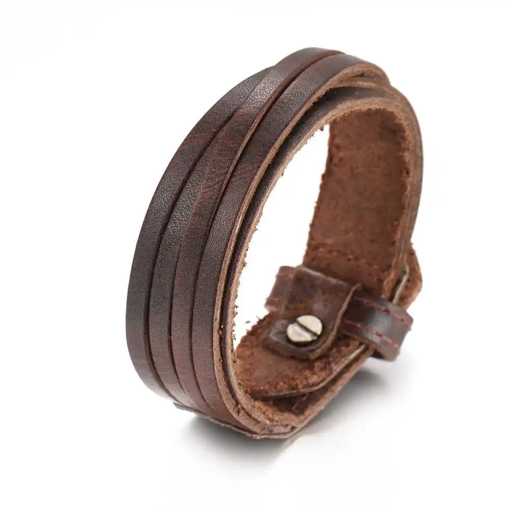 Bracelet en cuir véritable fait à la main pour homme, bracelet multicouche, manchette à breloques, large, tissage vintage, bijoux tendance, 2024
