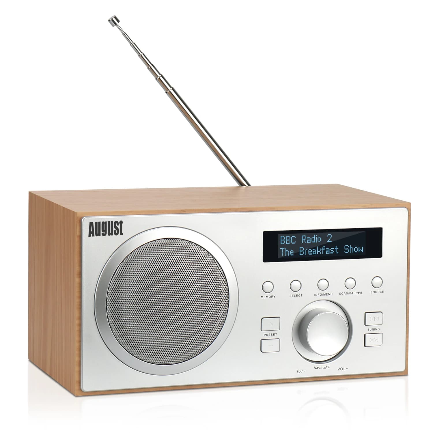 August MB420 - Radio numérique Terrestre Dab Plus MP3 Lecteur clé USB, Digital et Analogique HiFi Filaire Réveil Prise écouteur 3.5mm Ecran Design Radio Dab FM Bluetooth Bois Secteur