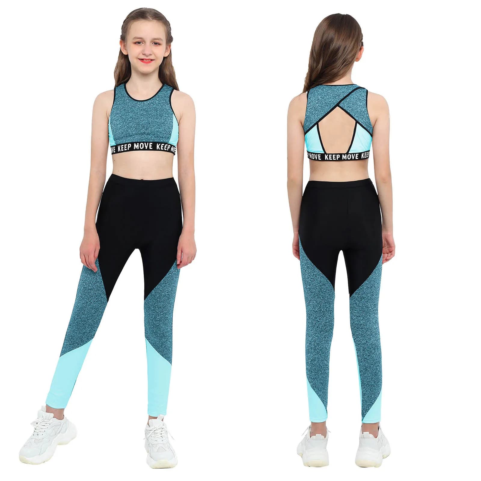 Vêtements de sport pour enfants filles, tenues de gymnastique, d'entraînement, de course, col rond, épaules larges, hauts + pantalons, ensemble de vêtements de sport pour filles