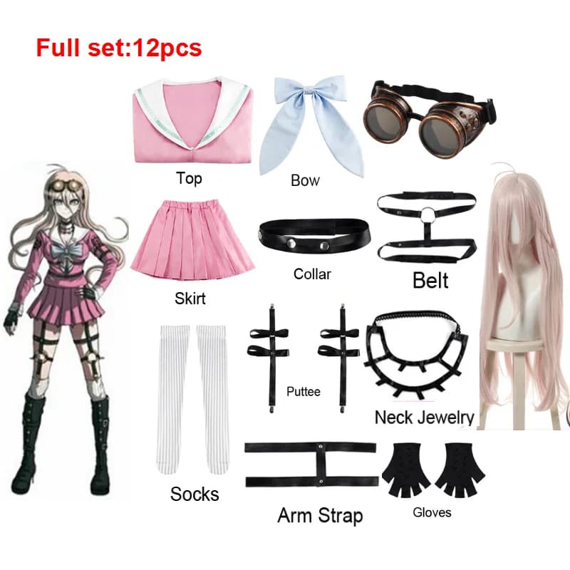 Robe cosplay pour filles, ensemble complet de perruques, ceinture gratuite, sangle de bras putscopique, collier de chaussettes, lunettes, ANRONPA V3 ATA U, Iruma, marin imbibé
