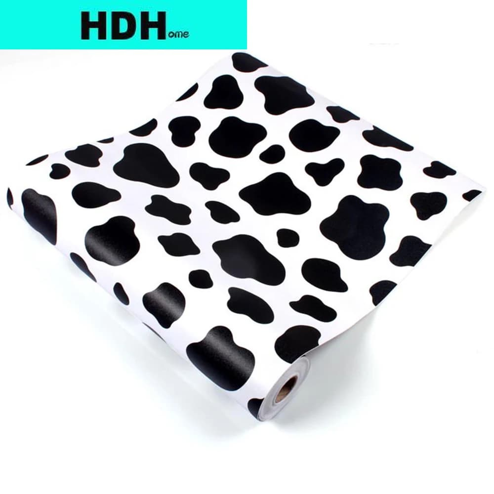 HDHome-Rouleau de Papier Peint Auto-Adhésif Noir et Blanc en Vinyle, Motif de Vache, Peler et Coller, Doublure d'Étagère Parfaite et Imperméable