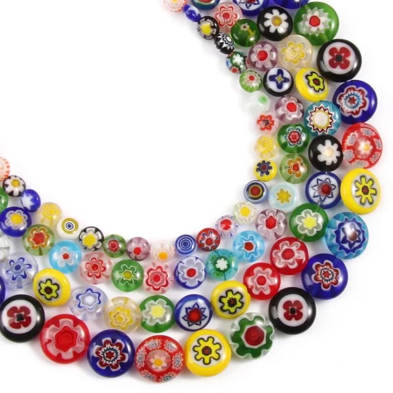 Perles rondes et plates de 6, 8, 10, 12mm avec motifs de fleurs de Millefiori, perles d'espacement en verre pour la fabrication de bijoux, collier