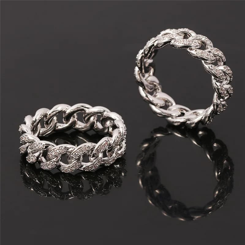Bague hip hop couleur argent, chaîne cubaine, réglage de la patte glacée, Micro bague en cristal pour femmes et hommes, bijoux de fiançailles, de mariage