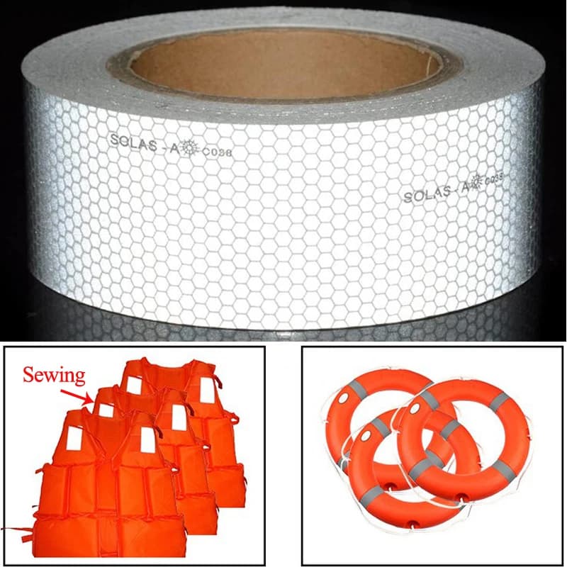 Bande SOLAS réfléchissante haute intensité de 5CM de large pour l'urgence marine cousue avec des anneaux de sauvetage ou des vêtements