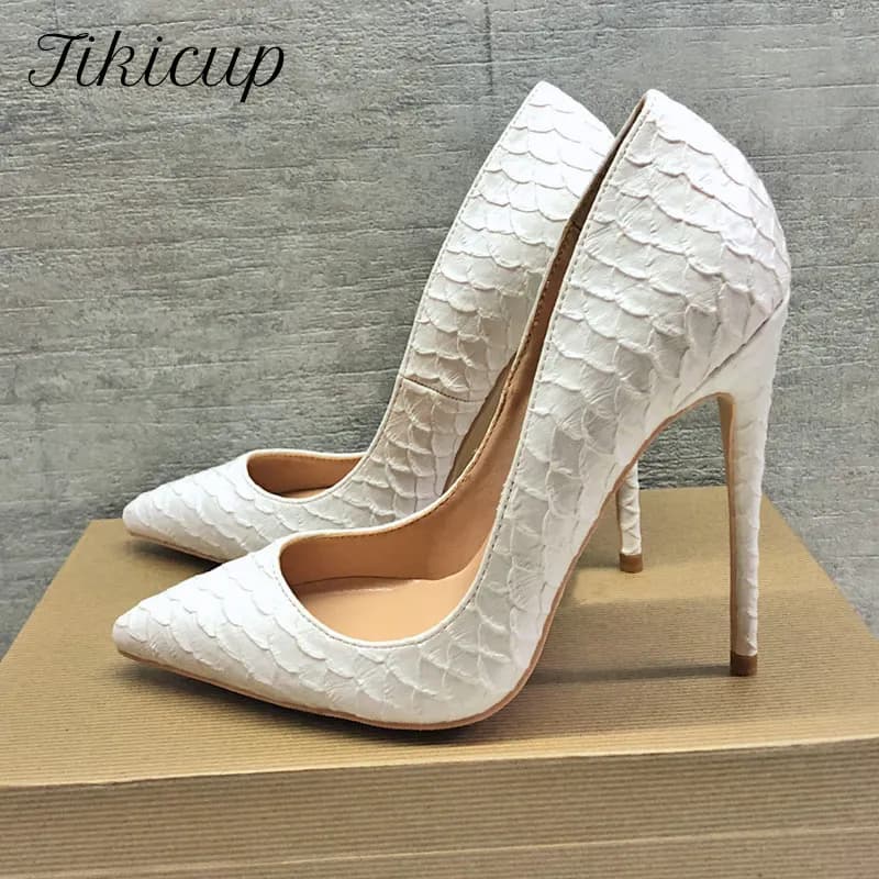 Tikicup-Escarpins Pointus Blancs Effet Crocodile pour Femme, Talons Aiguilles Sexy, Chaussures de Soirée Chics Personnalisées, 12cm, 10cm, 8cm