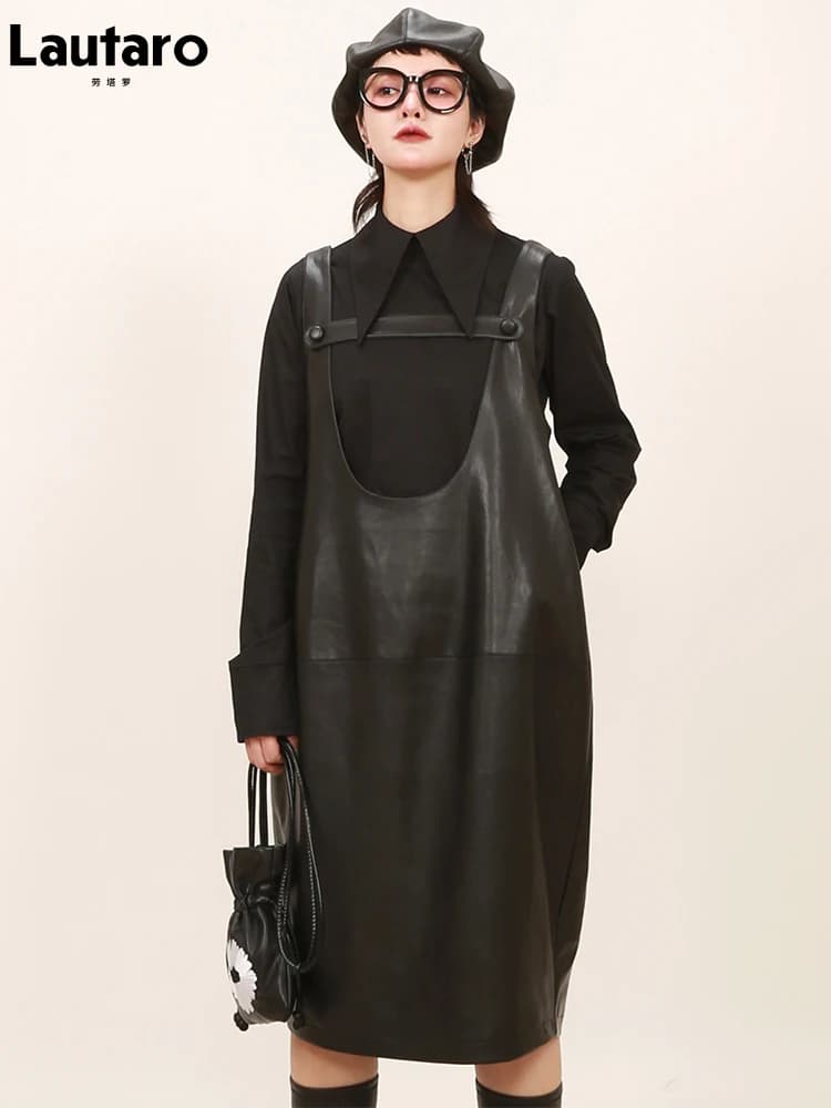 Robe midi en similicuir noir Lautaro pour femme, style coréen, col en U profond, bretelles amples, pour le printemps et l'été, tailles 5XL 6XL 7XL