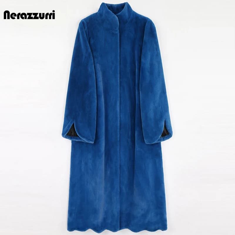 Nerazzurri hiver Long bleu chaud épais moelleux fausse fourrure manteau femmes pétoncle ourlet une ligne noir coréen mode vêtements d'extérieur 5xl 6xl 7xl