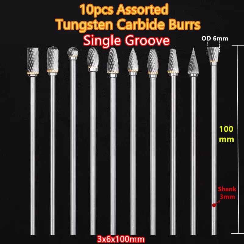 Lot de 10 pièces assorties de fraises en carbure de tungstène pour meuleuse dremel, 3x6x100mm