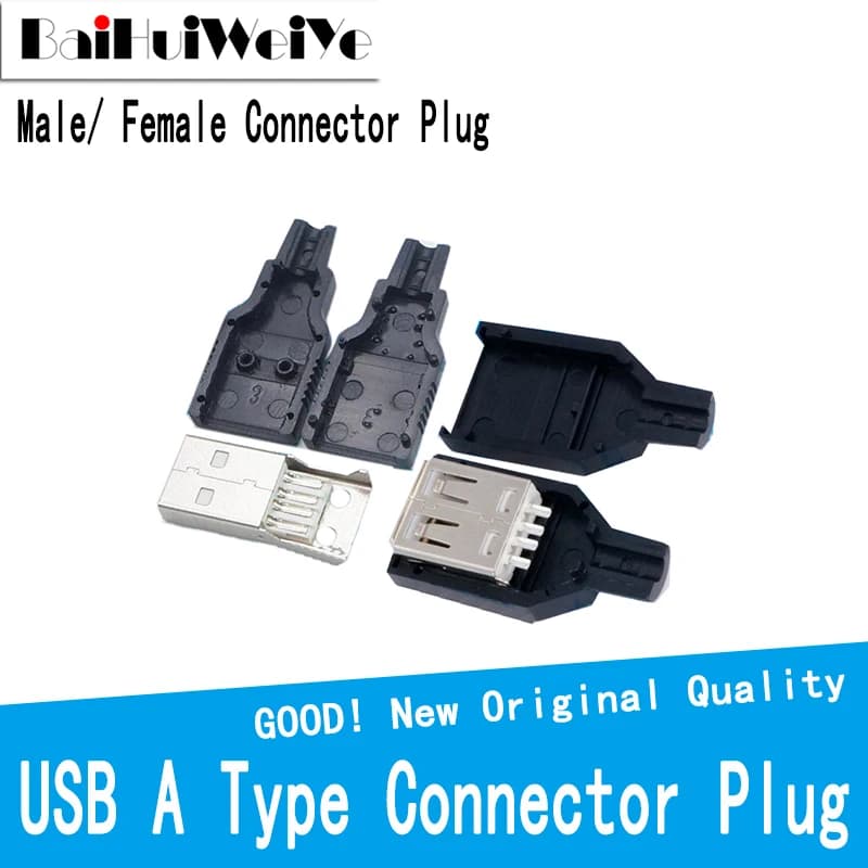 Connecteur USB 2.0 Type A mâle, 10 pièces/lot, pour bricolage, assemblage, adaptateur, prise à souder, coque en plastique noir, mâle/femelle