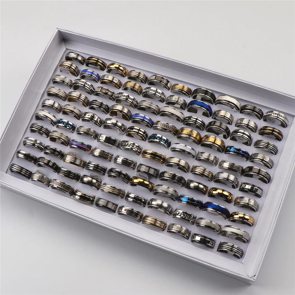 Bagues en acier inoxydable pour hommes et femmes, anneaux rotatifs, bijoux à la mode, mélange de styles, 50 pièces/lot