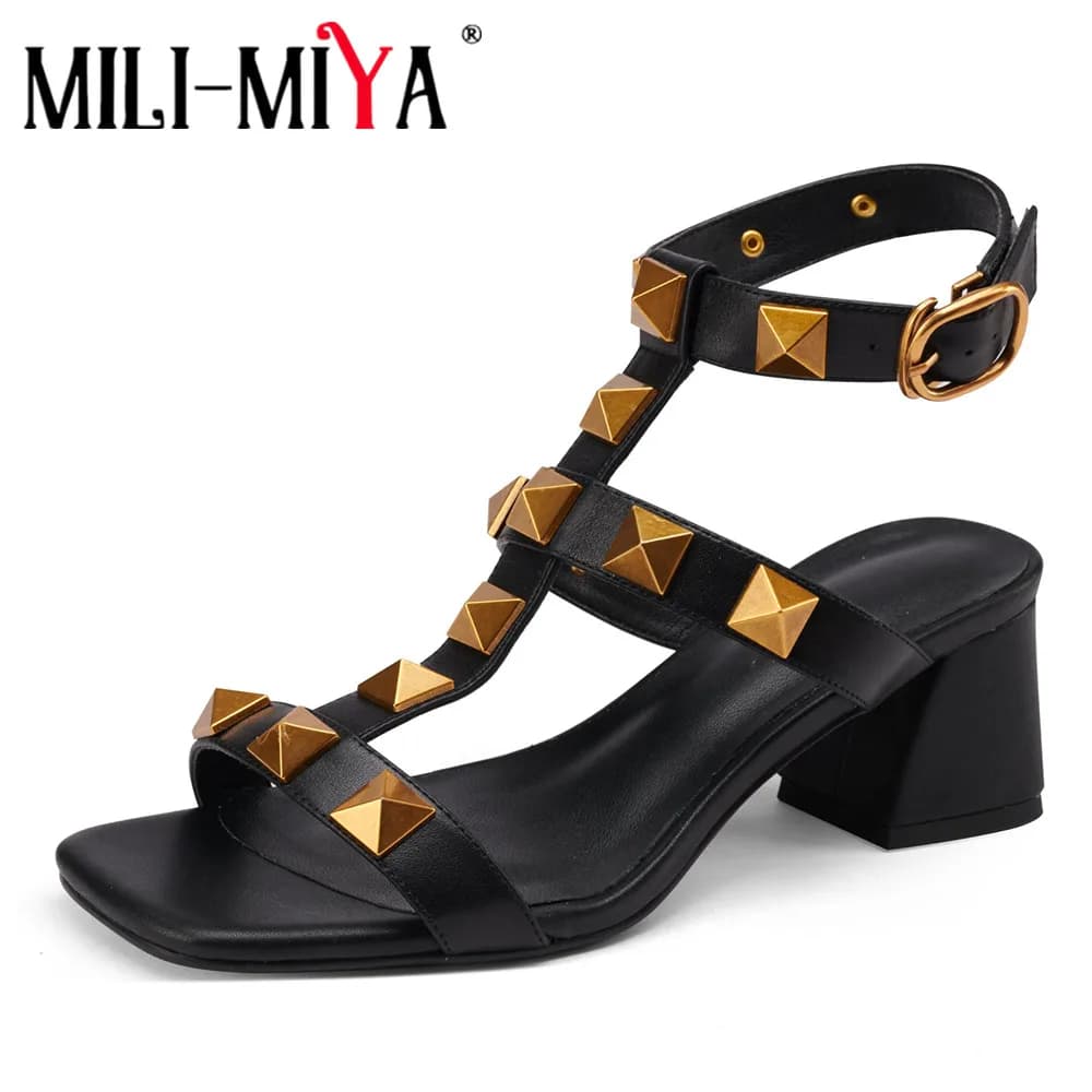 MILI-MIYA mode Rivet Design femmes sandales en cuir de vache talons carrés rinçage roundstrucStrap rond Parker chaussures d'été à la main