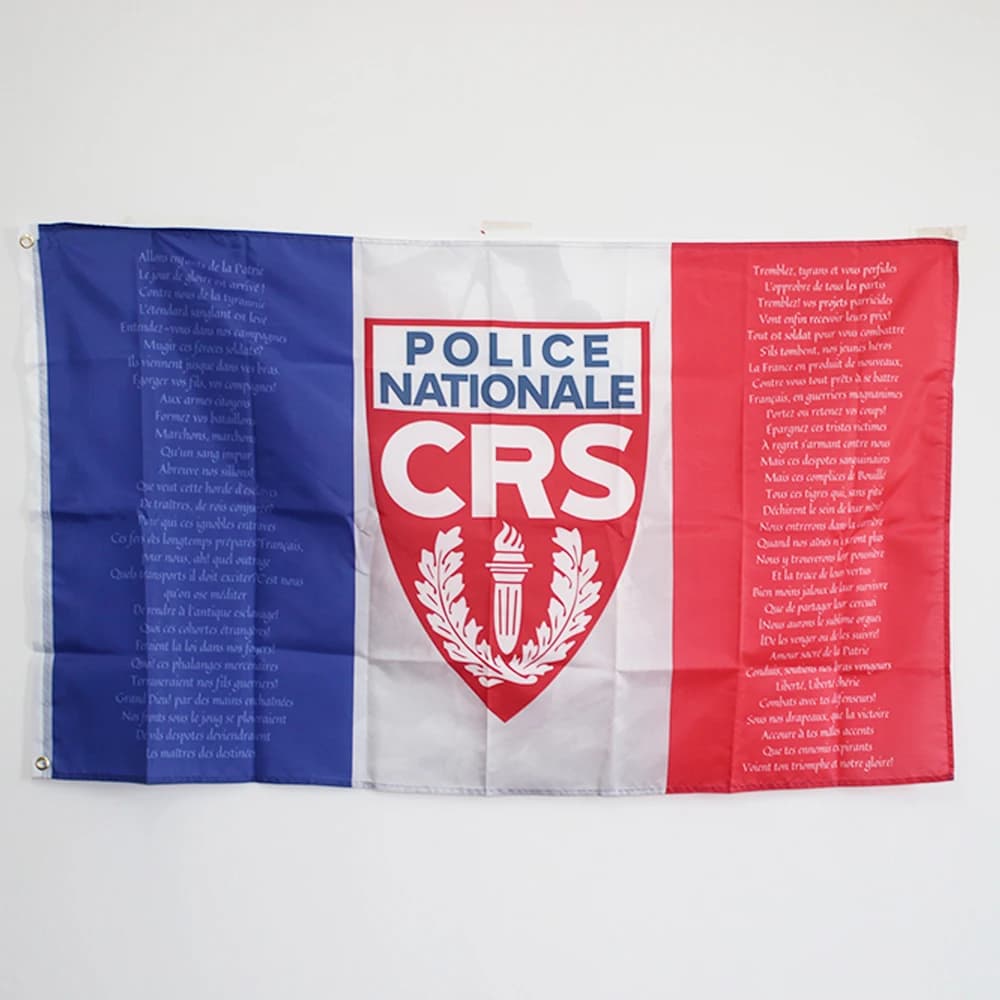 Drapeau de la France avec l'anthème national de la Marseille et le blason de la police nationale CRS 100D Polyester 3x5Ft 90x150cm Bannière
