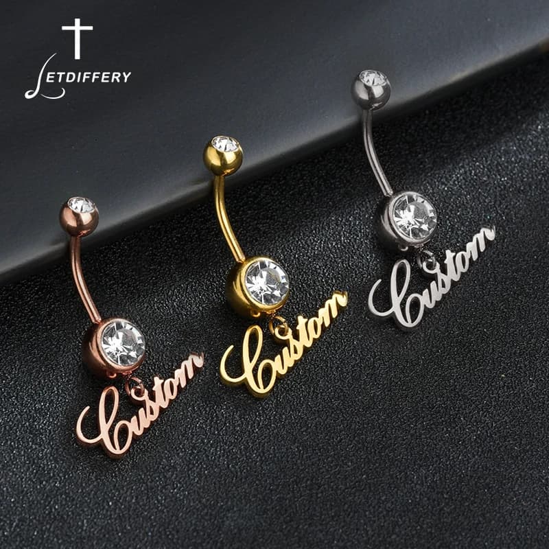 Letdiffery personnalisé pierres blanches nom nombril anneaux personnalisé femmes anneau en acier inoxydable charmant corps Piercing bijoux