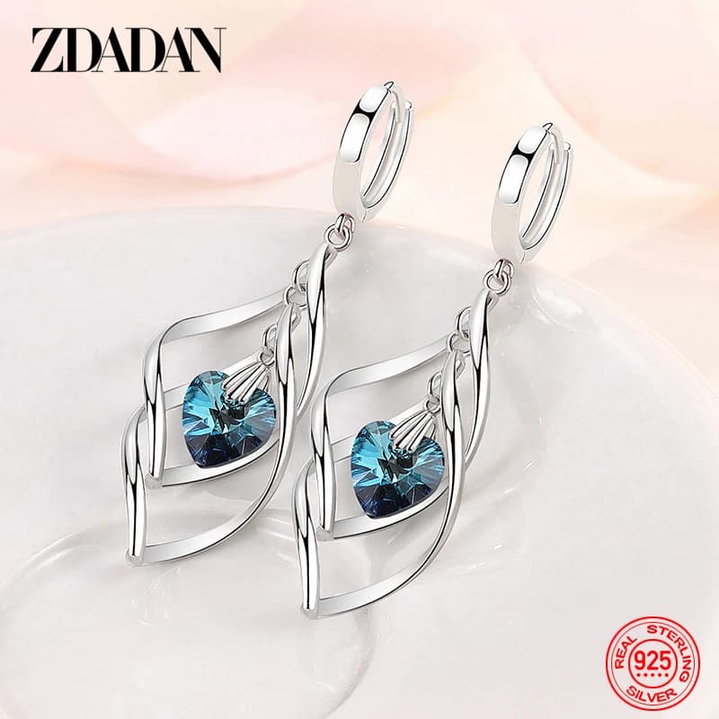 ZDADAN 925 argent creux bleu cristal longues boucles d'oreilles pour les femmes mode bijoux de mariage cadeau