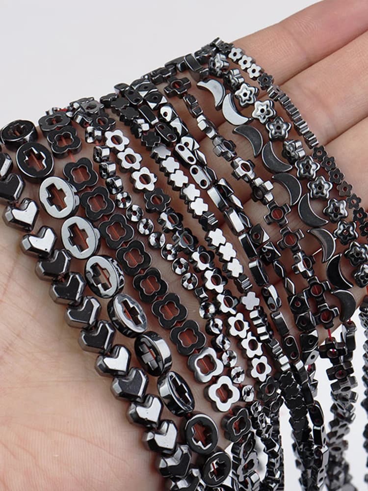 Perles en Pierre Naturelle, Carrées, Cœur, Fleur, Lune, Rondes, Hématite Noire, Intercalaires pour Bricolage, Bijoux, Bracelet de Direction, 15 en Vrac