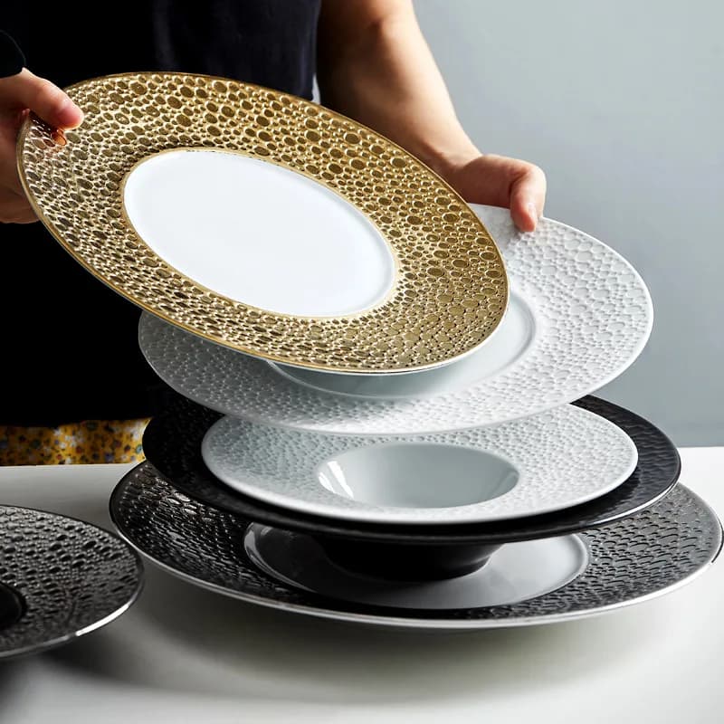 Assiettes à dîner rondes en céramique or, Surface lunaire créative, plats noirs, assiette Plate pour soupe et Steak, bol à pâtes ménager, vaisselle