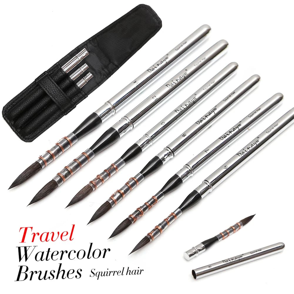 Dainayw pinceaux de peinture à l'aquarelle de voyage brosse de ligne de détail de cheveux d'écureuil pour l'encre d'aquarelle peinture acrylique Gouache 6 pièces