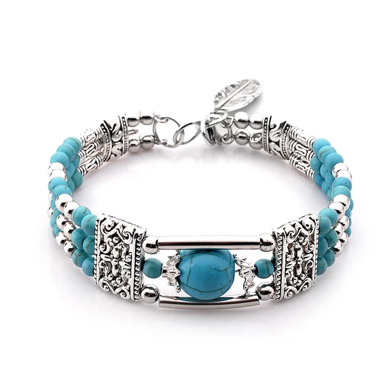 Bracelet bohème Vintage en pierre naturelle pour femmes, bijoux faits à la main, perles rondes bleues sculptées, Bracelets Boho, Bracelets pour femmes