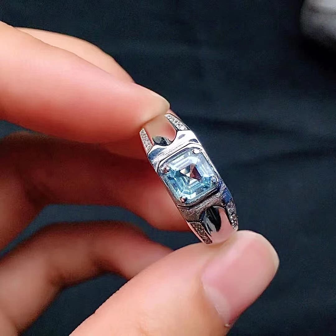 Bague en argent regardé 925 avec pierre précieuse pour homme, bague en aigue-marine naturelle, bijoux à la mode, cadeau pour petit ami, 6mm