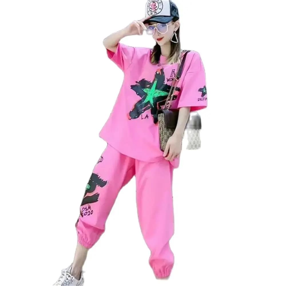 Ensemble Sportif Coréen Tendance Été 2026 pour Femme : T-shirt en Coton Imprimé à Manches Courtes et Pantalon Harem – Collection Deux Pièces