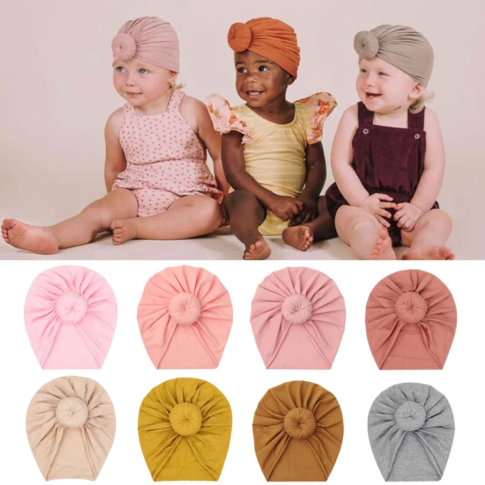 Bonnet Donuts en coton solide pour bébé garçon et fille, chapeau 0-4T, Skullies doux pour nouveau-né, Turban doux indien, couvre-chef avec nœud supérieur, accessoires