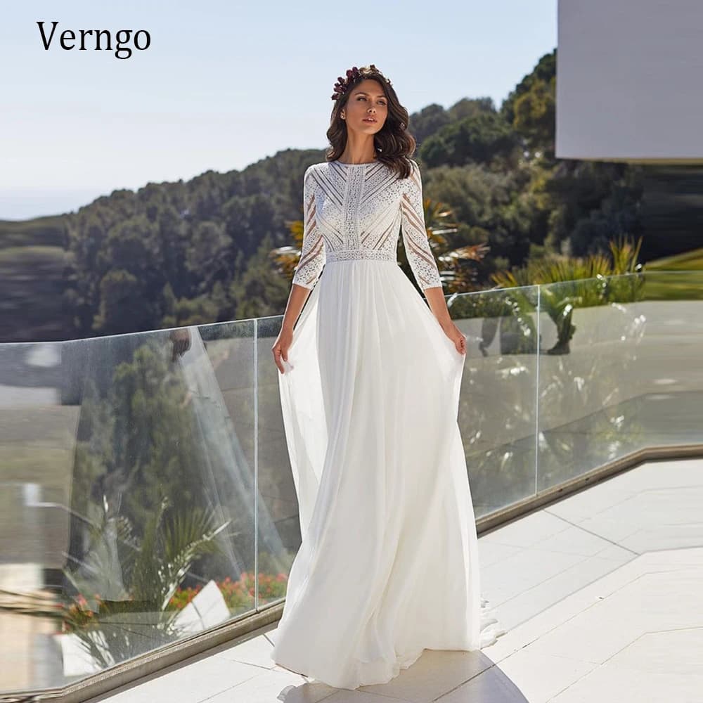 Verngo-Robe de Mariée en Dentelle et Mousseline de Soie, Tenue de Plage Vintage, Style Boho, Coupe Trapèze, Manches sulf, Longueur au Sol, pour Patients, Quelle que soit la Fermeture Éclair au Dos,