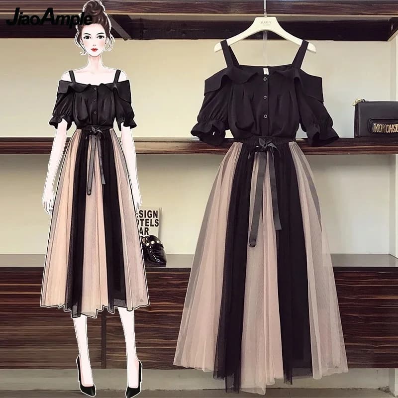 Ensemble chemise et jupe noires à manches évasées pour femmes, vêtements d'été, mode, Slash Neck, coréen, filles douces, couches, maille, nœud papillon