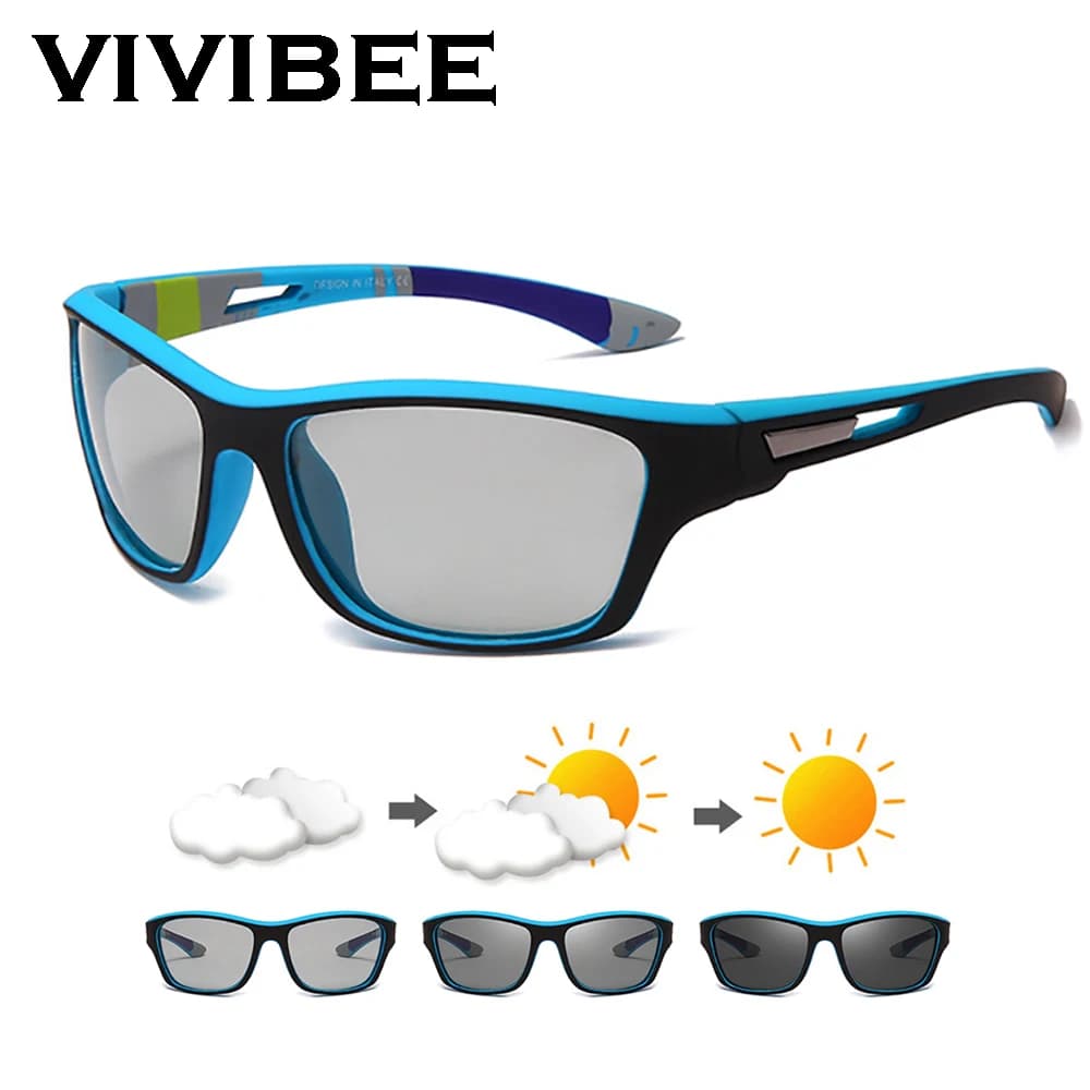 VIVIBEE hommes lunettes de soleil photochromiques sport mat bleu noir cadre polarisé couleur changeante UV400 lunettes