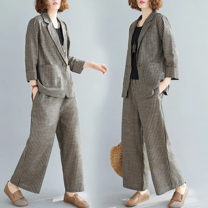 Petit costume rayé à un bouton pour femme, pantalon à jambes larges, ensemble de mode tempérament, coton et lin, loisirs littéraires, nouveau style, printemps et été