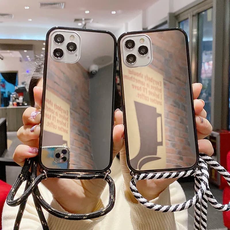 Étui miroir antichoc en TPU avec cordon tour de cou et bandoulière tendance pour iPhone 17 16 15 14 13 Mini 12 Pro Max 11 Plus