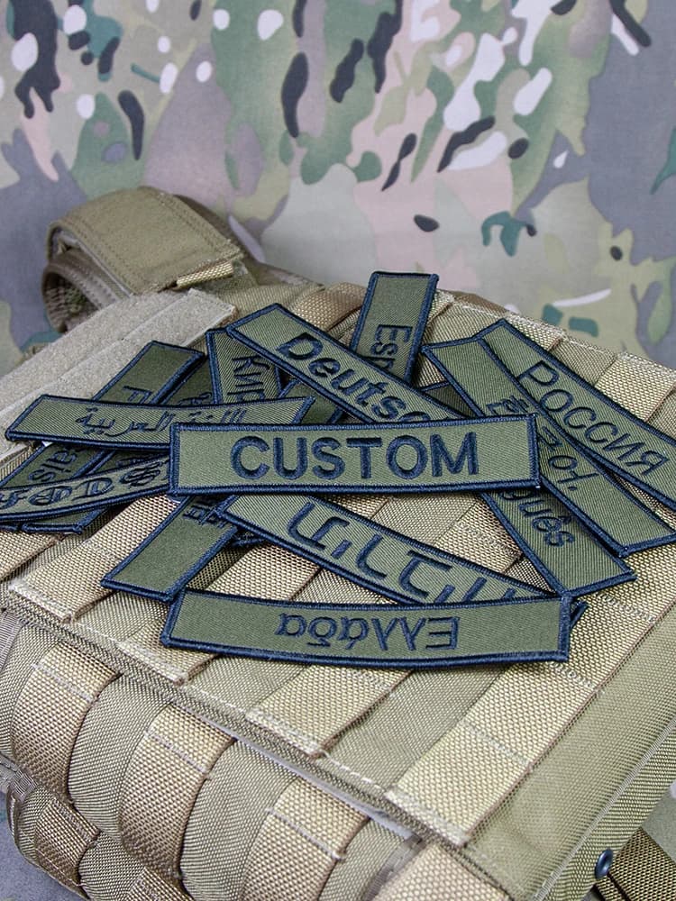 Bande de nom de patch personnalisé vert OD, cadre à crochet et boucle, broderie, police multiple, texte, document, hébreu, cyrillique, Russie, Espagne, France, Grèce